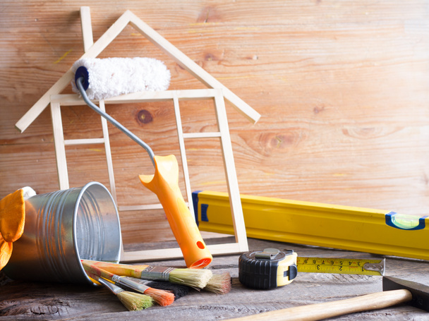 Будівництво будинку абстрактний фон з інструментами на дерев'яних дошках натюрморт
 - Фото, зображення