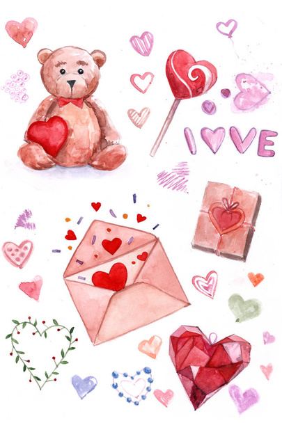 Sevgililer günü ayarlayın. kalp şekli oyuncak ayı. aşk mektubu. Sevgililer lolipop. seviyorum. kristal kalp. suluboya - Fotoğraf, Görsel