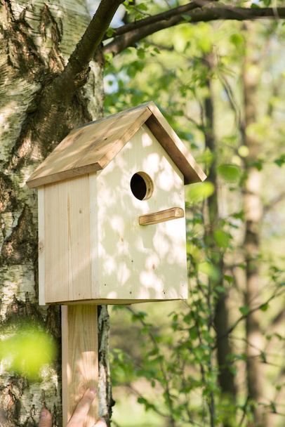 Holzvogelhaus auf Baumstamm im Frühlingsgarten - Foto, Bild