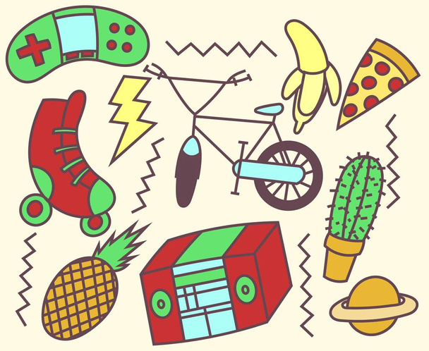 doodle, készlet, 90-es matrica, póló, rajz  - Vektor, kép