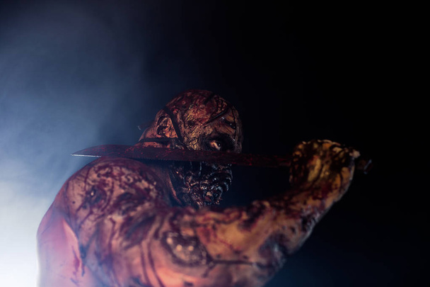 portrait of male zombie killer with machete against misty background - Foto, afbeelding