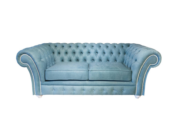 light blue fabric sofa in chester style for elite loft interior isolated white background - Foto, afbeelding
