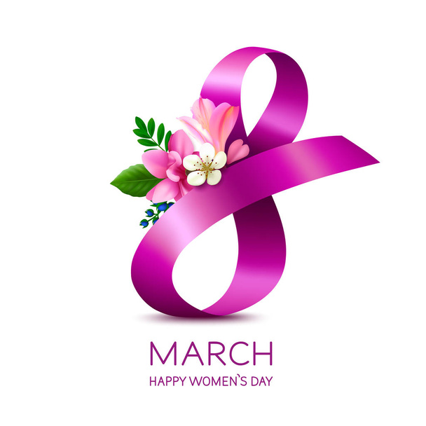 8 March - Happy Womens Day. Greeting card with purple ribbon in shape of eight decorated by bouquet of pink spring flowers. Realistic vector illustration with Inscription isolated on white background. - Vektor, obrázek