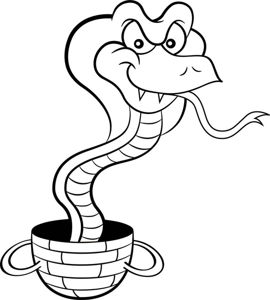 Schwarz-weiße Illustration einer Kobra, die aus einem Korb kommt. - Vektor, Bild