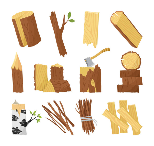 Industria de la madera materia prima y muestras de producción conjunto plano con tronco de árbol troncos tablones puerta vector ilustración
. - Vector, Imagen