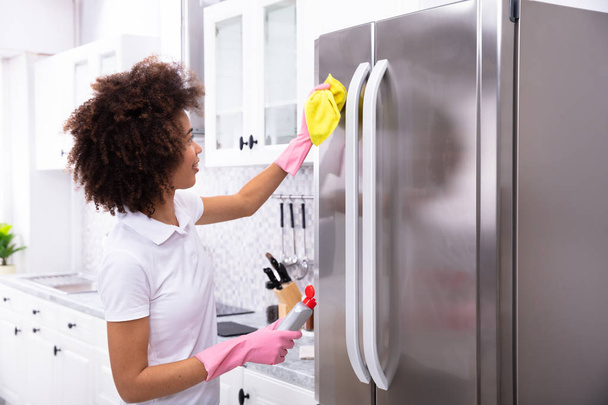 Close-up Of Serious Young Woman Cleaning Refrigerator With Yellow Napkin And Spray Detergent - Fotó, kép