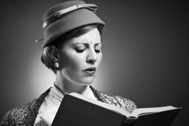 Retro Styled Woman Reading A Book - Valokuva, kuva