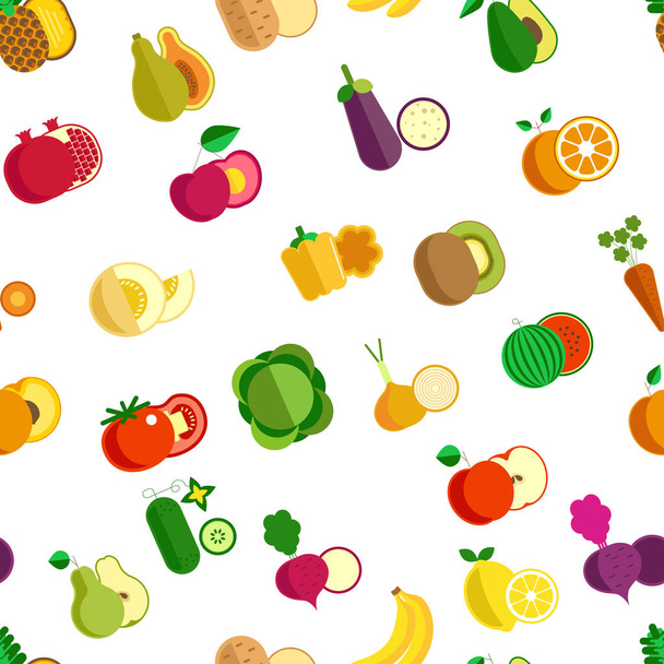 Vegetables and fruits organic food seamless pattern isolated on white, vector - Vektor, Bild