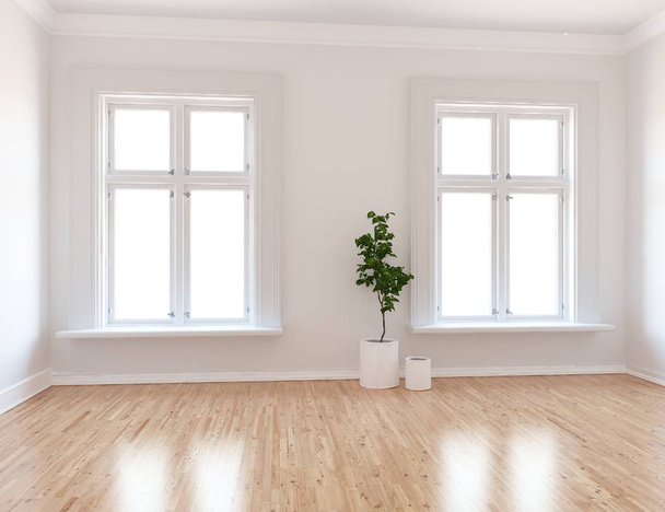 Idéia de interior quarto escandinavo vazio com planta no chão de madeira. Casa interior nórdico. Ilustração 3D - Ilustração
 - Foto, Imagem