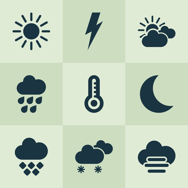Воздушные иконы, установленные ночью, закатом, грозой и другими синоптическими элементами. Изолированные иллюстрационные иконки воздуха
. - Фото, изображение