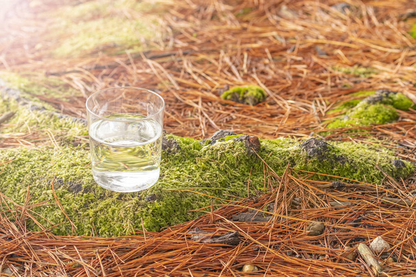 Agua clara en un vaso transparente sobre el fondo de musgo verde y agujas caídas en el bosque de coníferas. Alimento saludable y agua natural ecológicamente pura del manantial
. - Foto, Imagen