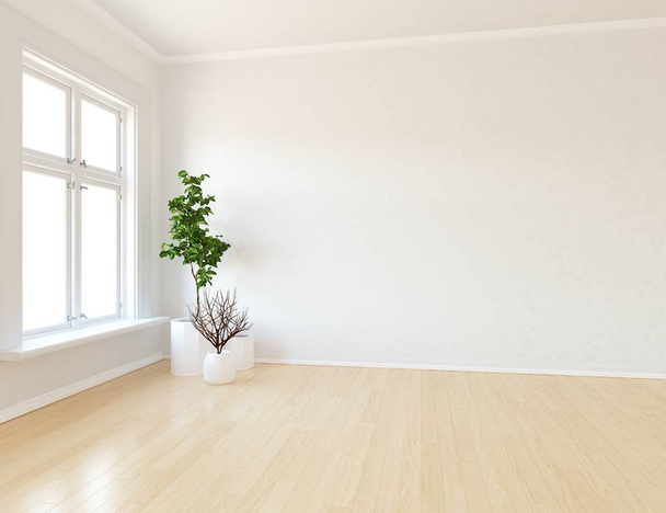 Idea of  empty scandinavian room interior with plants on the wooden floor . Home nordic interior. 3D illustration - Zdjęcie, obraz