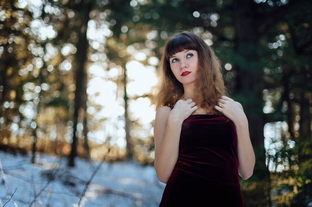 Portrait of a beautiful girl in a dark long dress who stands alone among the trees in the winter forest. - Foto, Imagen
