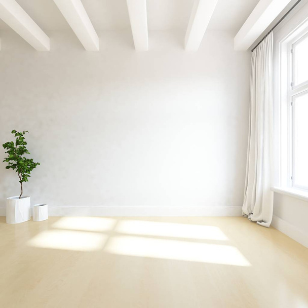 Idea of empty scandinavian room interior with plant on wooden floor  . Home nordic interior. 3D illustration - Illustration - Zdjęcie, obraz