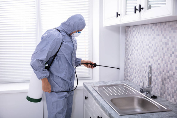 Trabalhador masculino vestindo pano de segurança pulverizando pesticida perto da pia da cozinha
 - Foto, Imagem