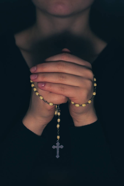 Folded hands with rosary - Photo, Image
