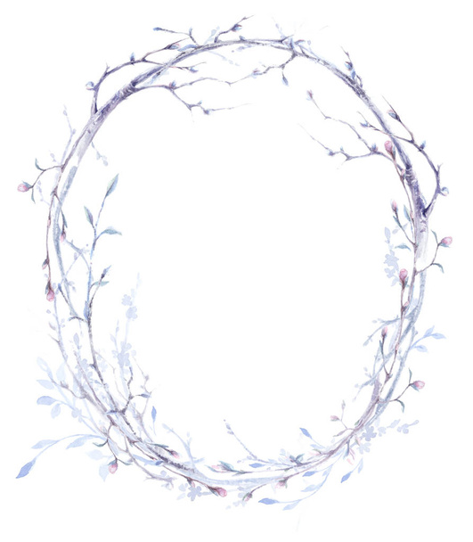 watercolor oval frame with spring branches - Foto, Imagen