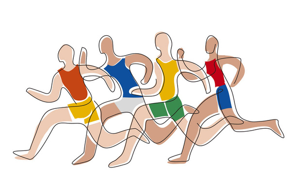 Carrera de carrera, competencia, arte de línea estilizado.Colorida ilustración lineal estilizada de cuatro corredores en marcha sobre fondo abstracto degradado. Vector disponible
. - Vector, imagen