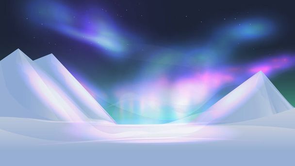 Colorful northern lights aurora borealis in night sky. Winter mountains vector illustration - Vector, Image