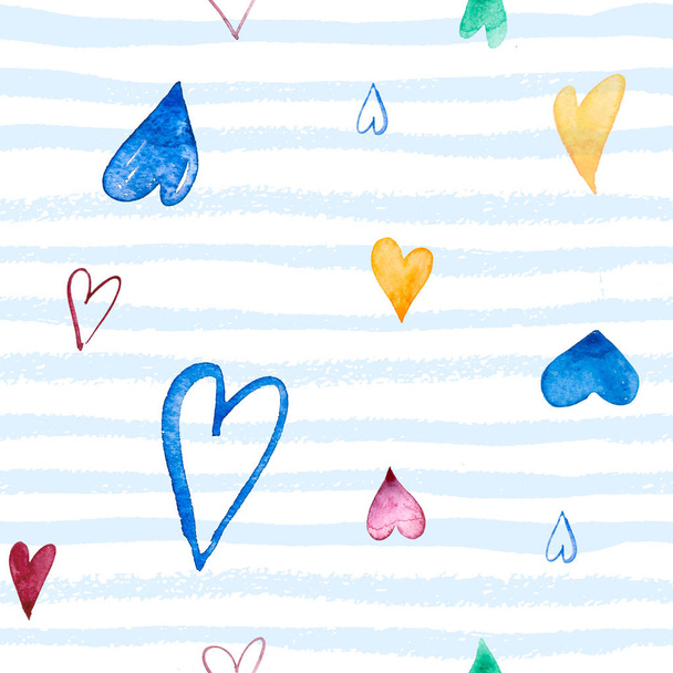 Watercolor Hand-drawn doodle seamless pattern with hearts. on a blue striped background Can be used for wedding invitation, card for Valentines Day or Wear Fashion Design. - Fotografie, Obrázek