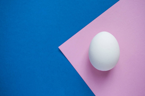 Um ovo branco único no fundo azul escuro e rosa pastel com copyspace
. - Foto, Imagem