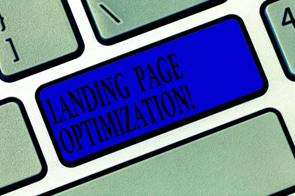 Text sign showing Landing Page Optimization. Conceptual photo Improve elements of a website to rise conversion Keyboard key Intention to create computer message pressing keypad idea. - Photo, Image