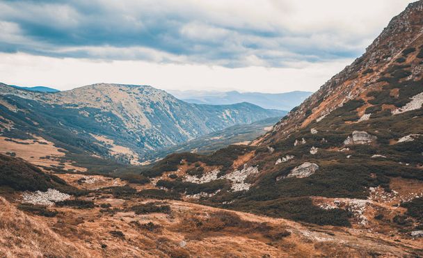 Beautiful Carpathian mountains in autumn season.Travel destination for active tourism in Europe.Instagram vintage film filter - Photo, Image