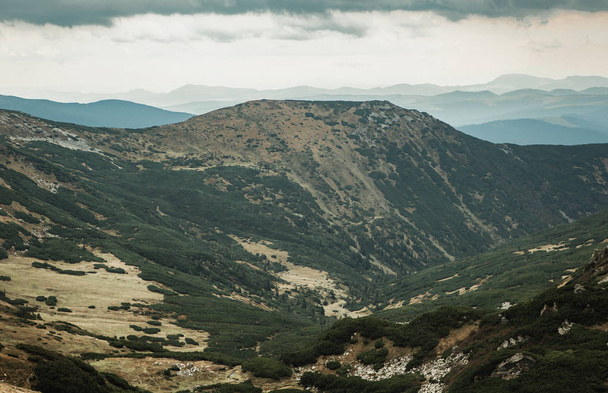 Beautiful Carpathian mountains in autumn season.Travel destination for active tourism in Europe.Instagram vintage film filter - Фото, зображення
