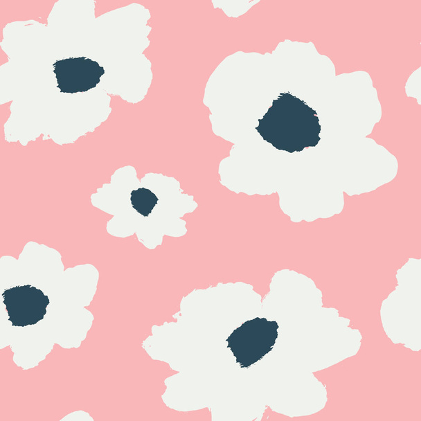 Seamless repeating pattern with hand painted flower blossoms in pastel pink, blue, navy and white. Hand drawn vector illustration, perfect for creating fabrics, greeting cards, wrapping paper, packaging. - Vector, Image