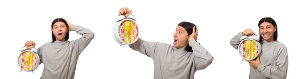 Hombre divertido con reloj aislado en blanco
 - Foto, imagen