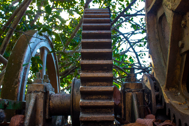 Zahnräder oder Zahnräder aus rostigem Metall unbenutzt gelassen, alte Zuckerrohrmühle - Foto, Bild