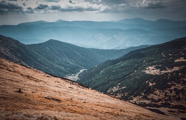 Beautiful Carpathian mountains in autumn season.Travel destination for active tourism in Europe.Instagram vintage film filter - Fotó, kép