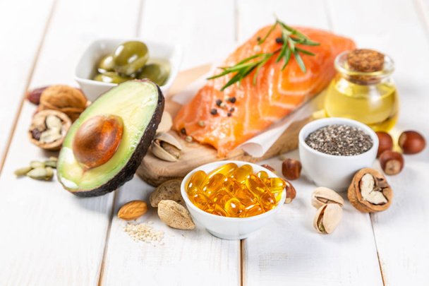 Selection of healthy unsaturated fats, omega 3 - Foto, Imagen