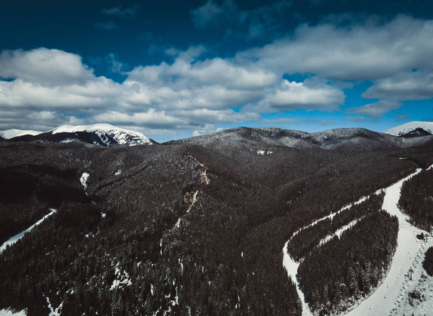 Beautiful aerial drone landscape photo of mountains in cold snowy day. Travel destination for active tourism in winter. Beauty of nature in Carpathian mountain park.  - Foto, Imagen