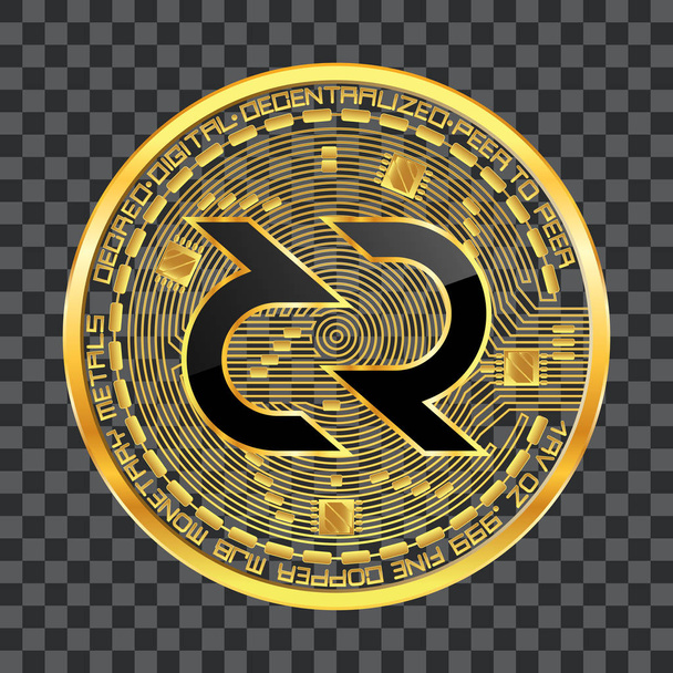 Crypto currency golden coin with black lackered decred symbol on obverse isolated on transparent background. Vector illustration. Use for logos, print products, web decor or other design. - Vetor, Imagem