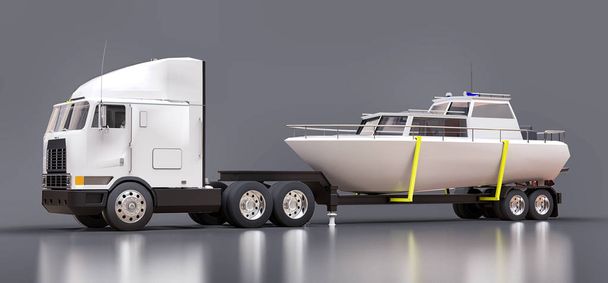 Ilustración 3D de un camión blanco grande con un remolque para transportar un barco sobre un fondo gris. renderizado 3d
 - Foto, Imagen