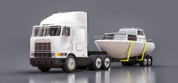 3D-kuva isosta valkoisesta kuorma-autosta, jossa on traileri harmaalla pohjalla olevan veneen kuljettamiseen. 3d-renderointi
 - Valokuva, kuva