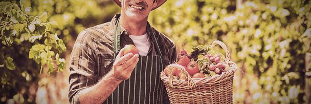 Portrait of cheerful farmer holding basket of vegetables while standing at field - Valokuva, kuva