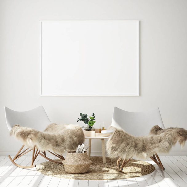 Modern iç plan, oturma odası, İskandinav tarzı, 3D çizim, 3D resim - Fotoğraf, Görsel
