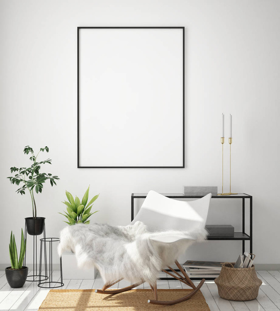 modelový rámeček plakátu v moderním interiéru, obývací pokoj, skandinávský styl, 3D vykreslování, 3D ilustrace - Fotografie, Obrázek