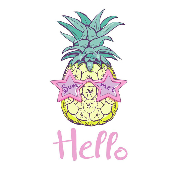 ananas met glazen design, exotische, achtergrond, voedsel, fruit, illustratie natuur ananas zomer tropische vector tekening vers - Vector, afbeelding