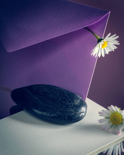 envelope with daisy and black stone - Photo, Image