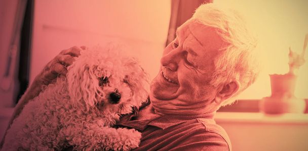 Senior man holding a dog in a retirement home - Fotoğraf, Görsel