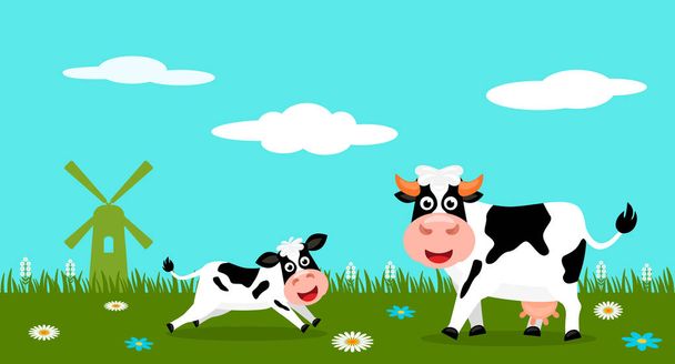 Mignonne vache et veaux amusants pâturent sur l'herbe verte sur le fond d'un paysage rural d'été, ferme et moulins. Illustration vectorielle plate dans le style dessin animé
. - Vecteur, image
