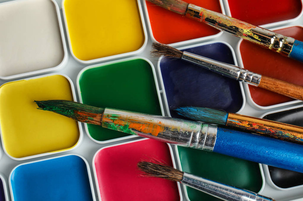 Different paint brushes on watercolor palette, top view - 写真・画像