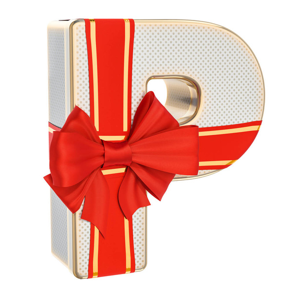 Letter P, gift box shaped of a letter P with red ribbon bow. 3D rendering isolated on white backgroun - Foto, imagen