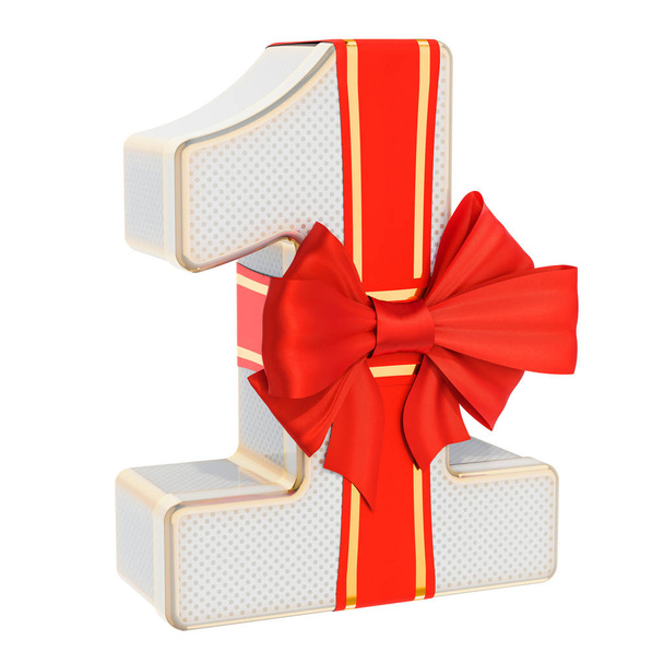 Number 1, gift box shaped of a number one with red ribbon bow. 3D rendering isolated on white background - Foto, imagen