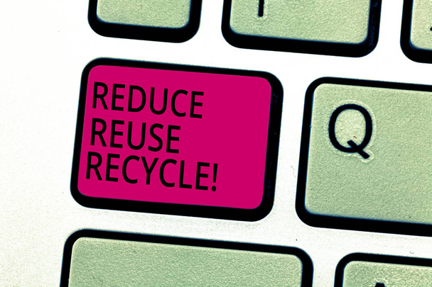 Tekst pisma Reduce Reuse Recycle. Koncepcja czyli zmniejszyć ilość śmieci wykonujemy każdego roku klawiatura klawisz zamiar utworzyć wiadomość komputer naciskając klawisz klawiatury, pomysł. - Zdjęcie, obraz