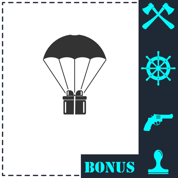 Parachute geschenkdoos pictogram plat. Eenvoudige vector symbool en bonus pictogram - Vector, afbeelding