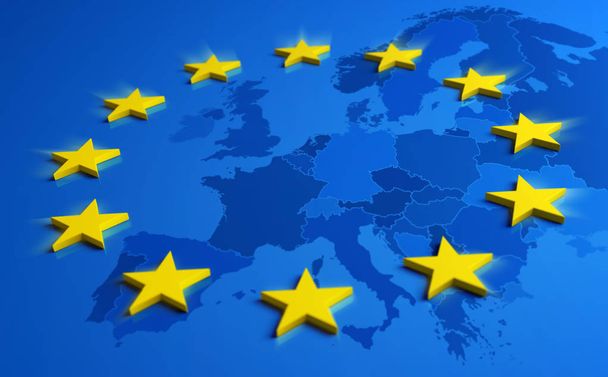 Блакитний прапор Європи і жовті зірки з Європейським Союзом карту всередині - 3d ілюстрація - Фото, зображення